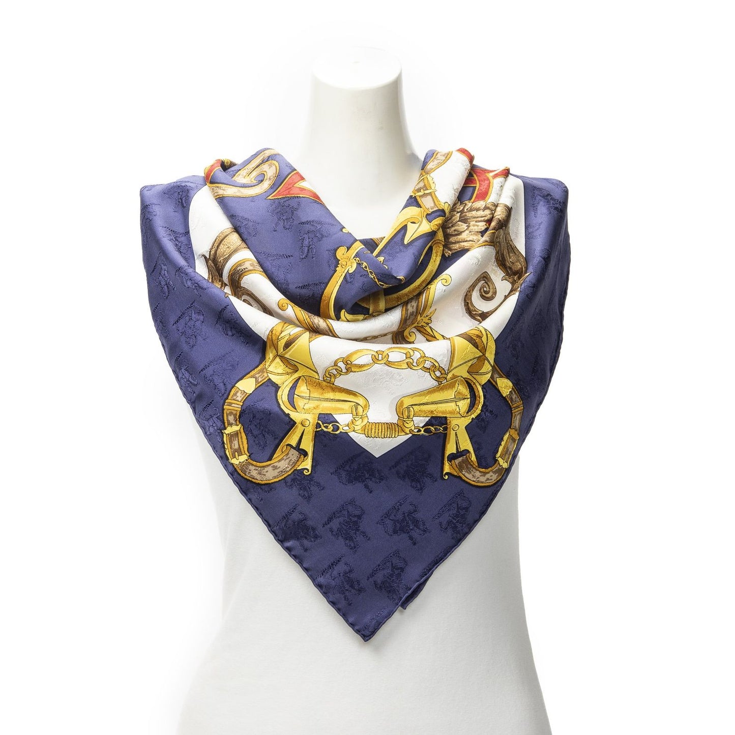 Hermes Scarf Navy White Gold 100% Jacquardsilk