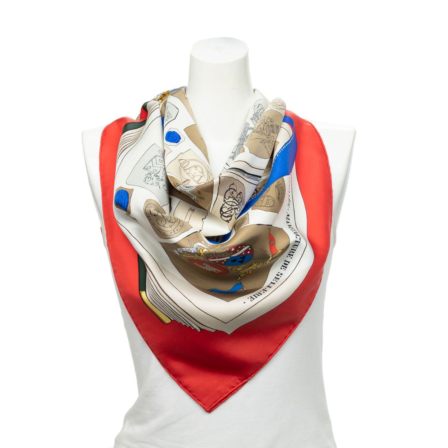 Hermes Scarf Red Ivory Brown 100% Twillsilk