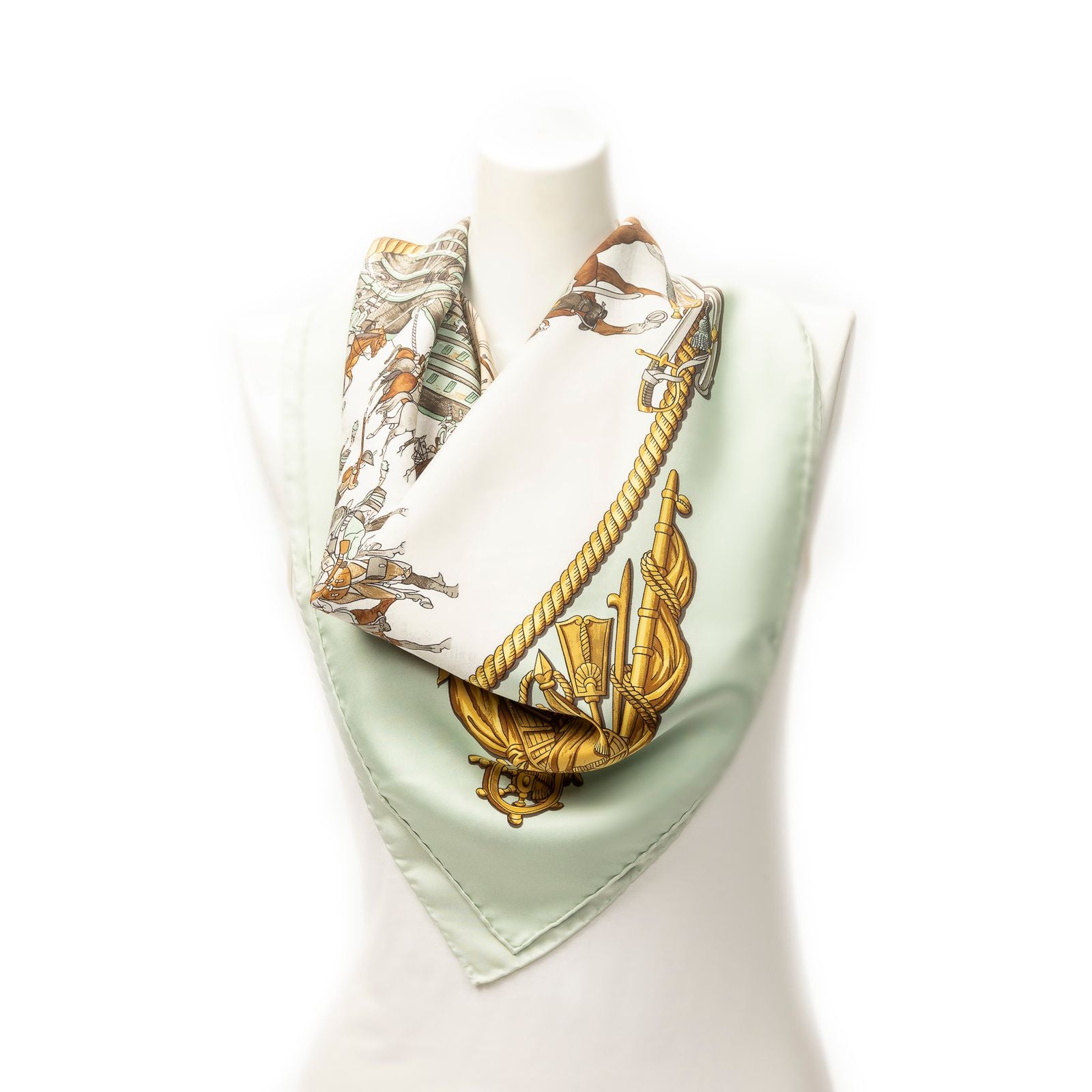 Hermes Scarf Lightgreen Beige 100% Twillsilk