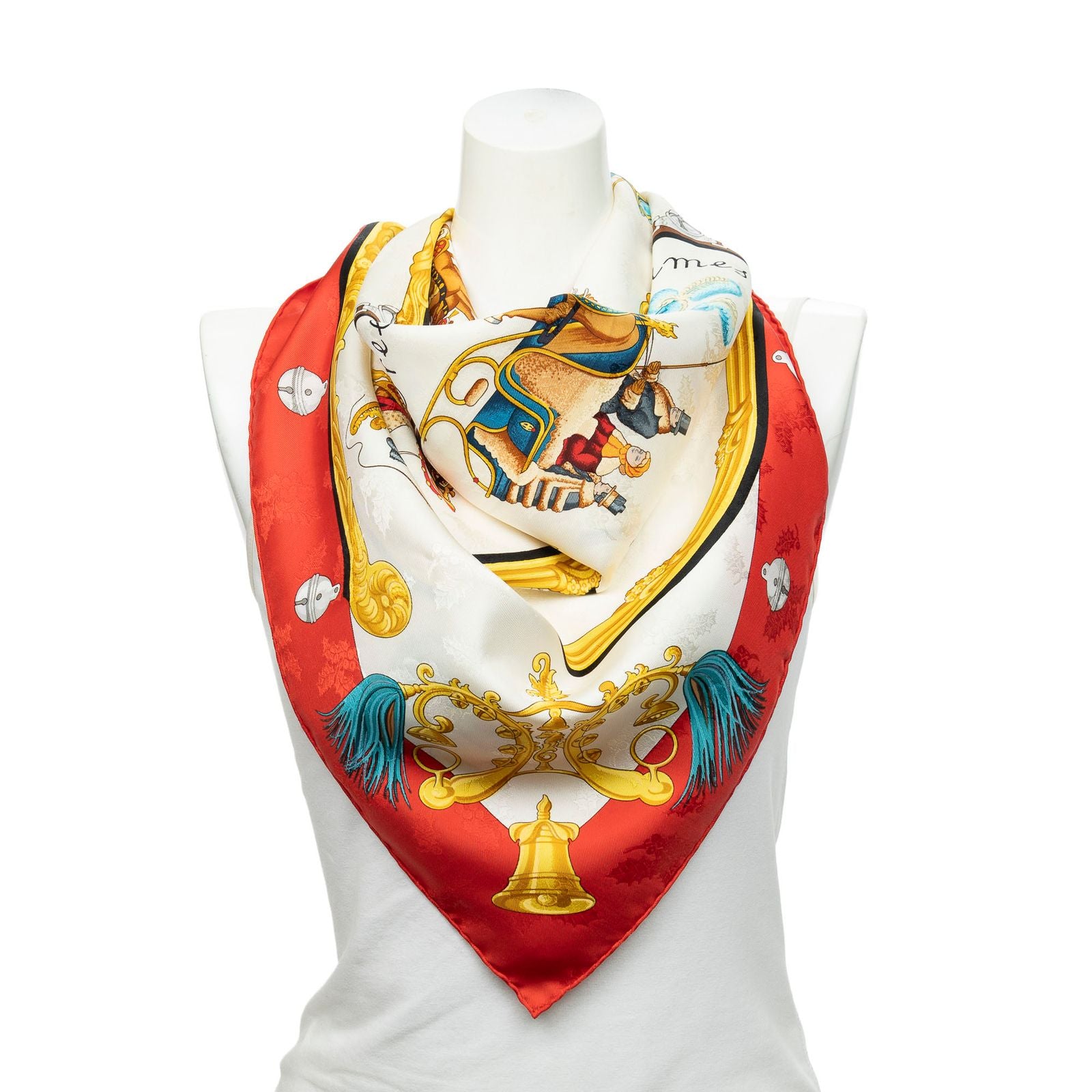 Hermes Scarf Red Ivory 100% Jacquardsilk