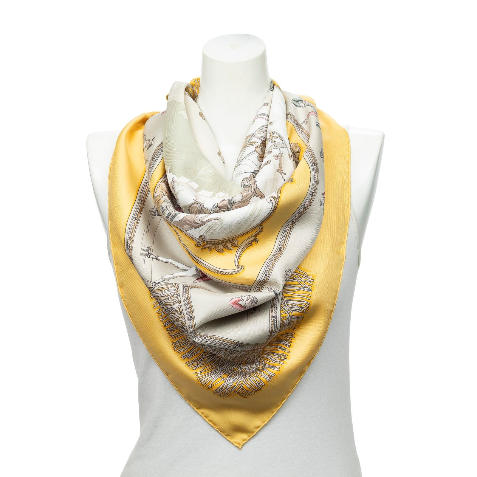 Hermes Scarf Yellow Gray Red 100% Twillsilk