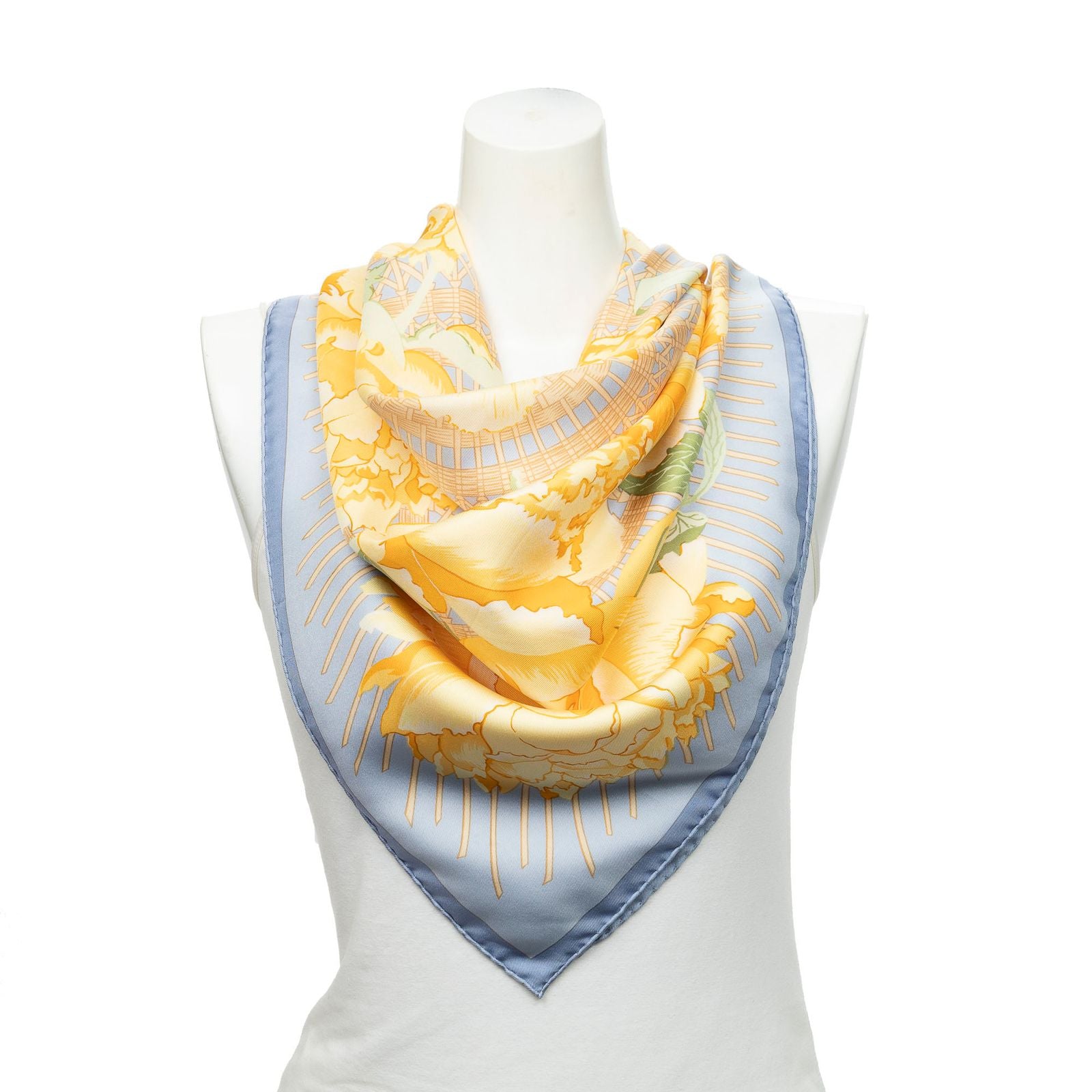Hermes Scarf Light Blue Yellow Green 100% Twillsilk