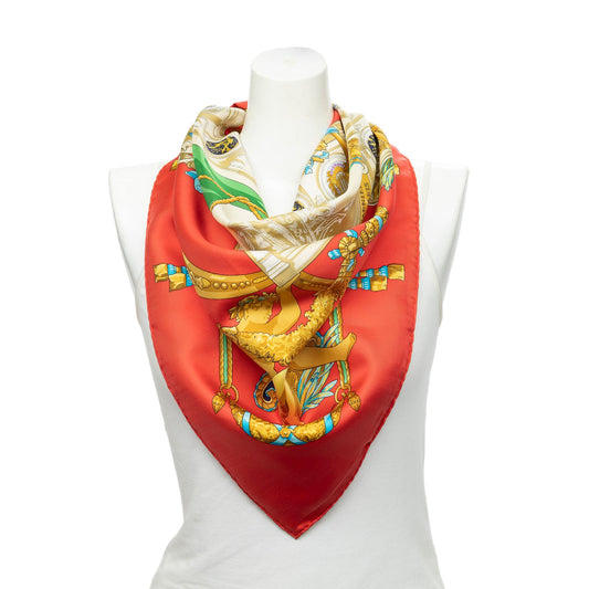 Hermes Scarf Red Beige 100% Twillsilk