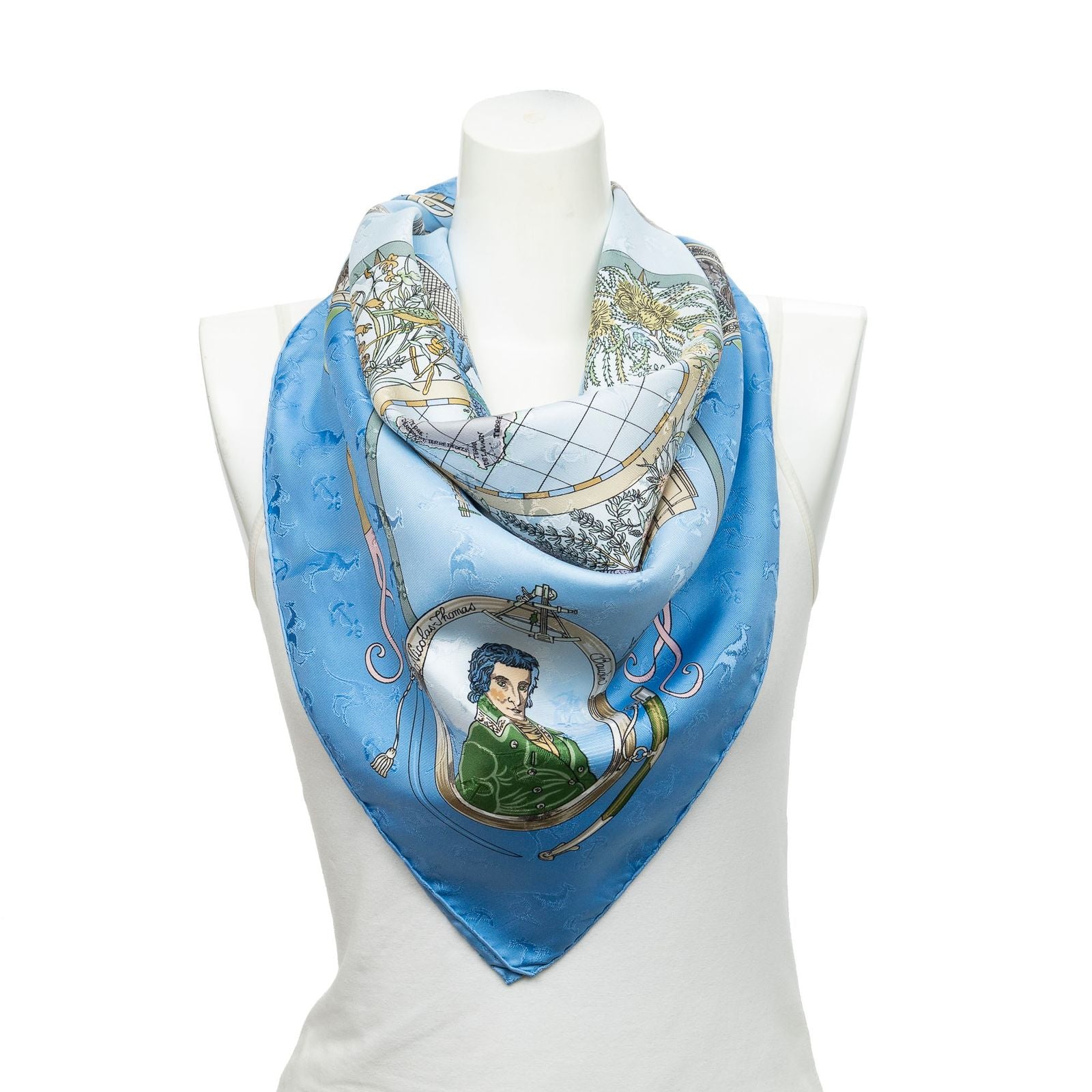 Hermes Scarf Light Blue Green Beige 100% Jacquardsilk