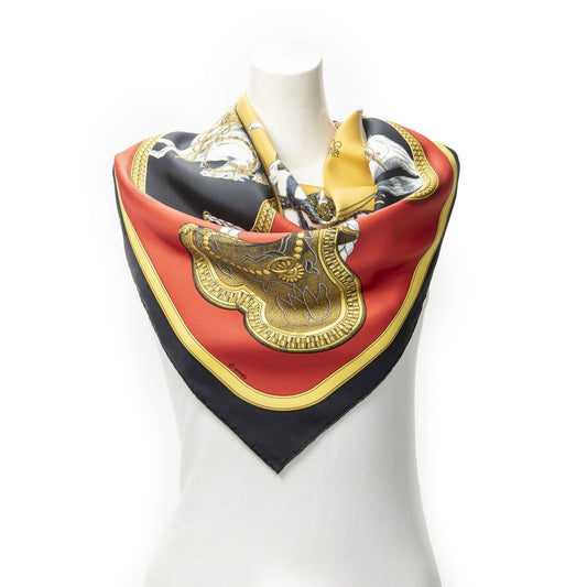 Hermes Scarf Red Black Yellow 100% Twillsilk