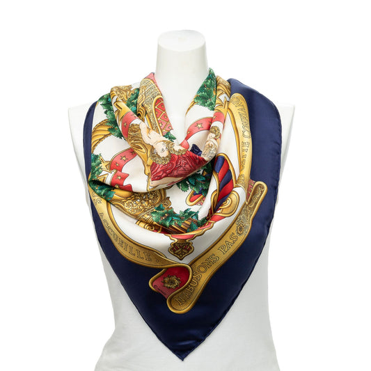 Hermes Scarf Navy Red 100% Gold Twill Silk