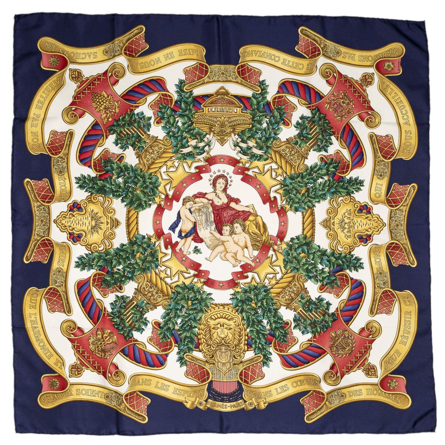 Hermes Scarf Navy Red 100% Gold Twill Silk — view 2