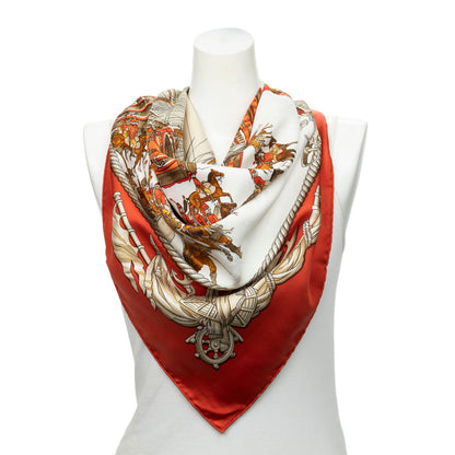 Hermes Scarf Red Brown White 100% Twillsilk