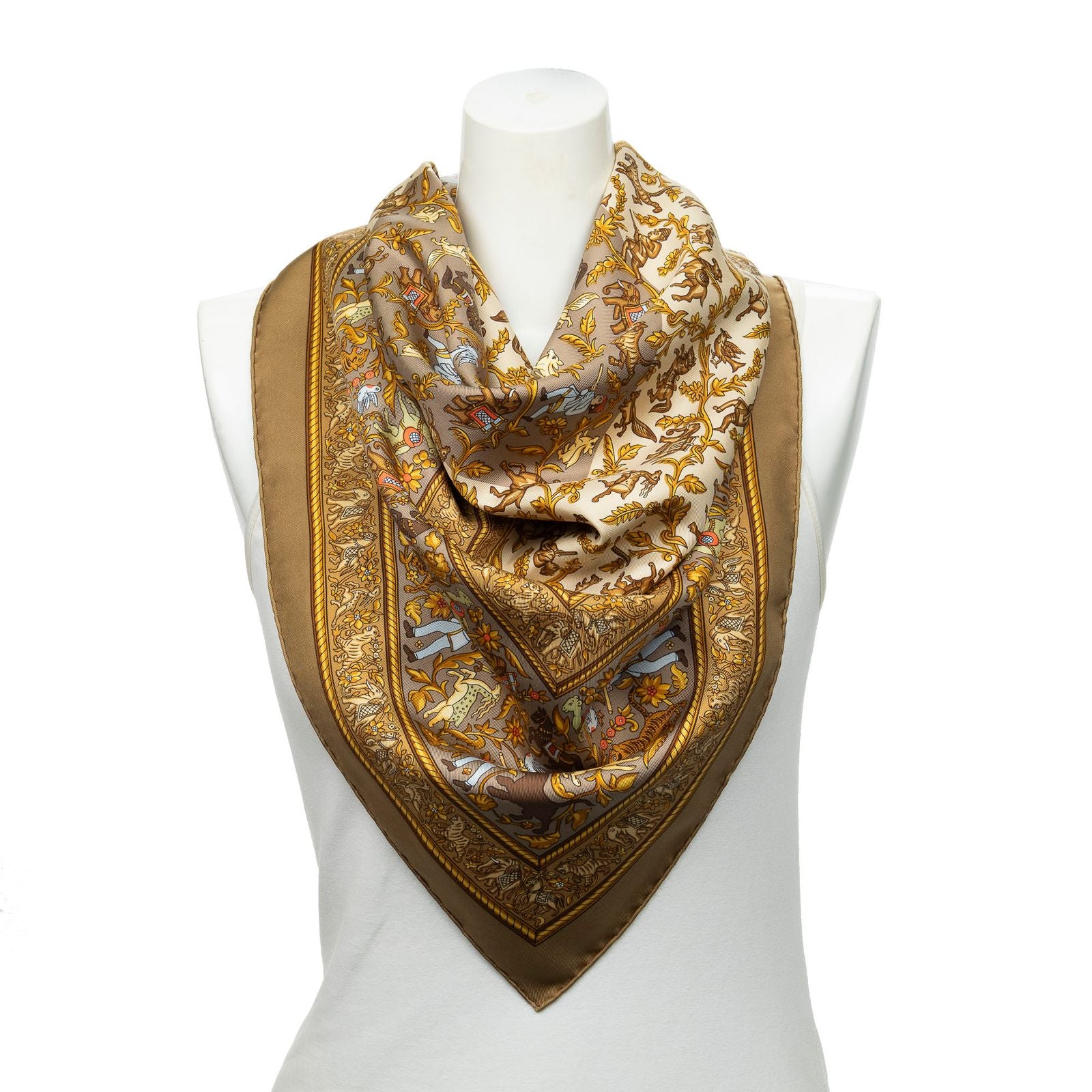 Hermes Scarf Brown Beige 100% Twillsilk