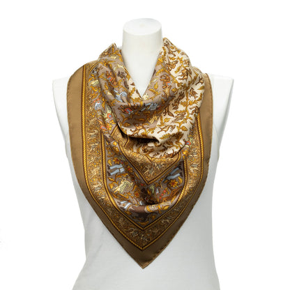 Hermes Scarf Brown Beige 100% Twillsilk