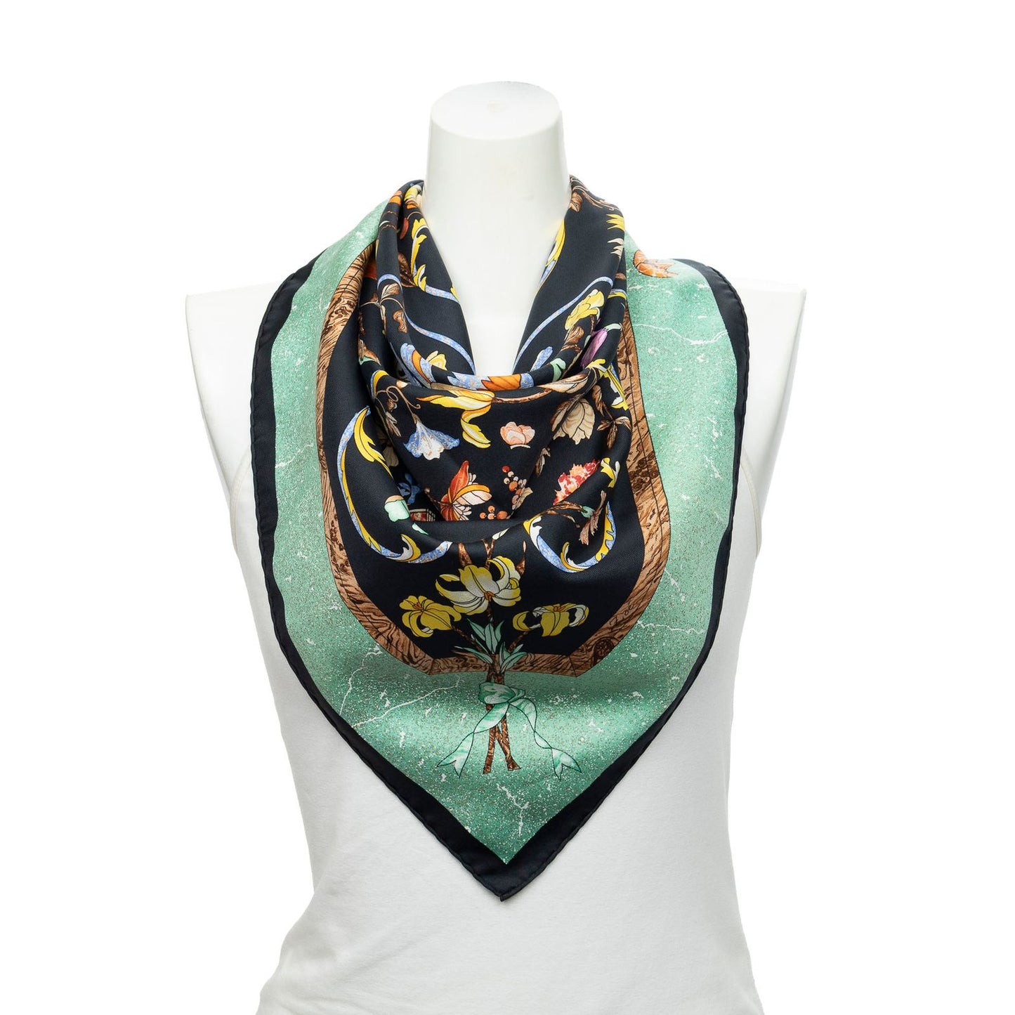 Hermes Scarf Black Lightgreen Yellow 100% Twillsilk