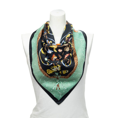 Hermes Scarf Black Lightgreen Yellow 100% Twillsilk