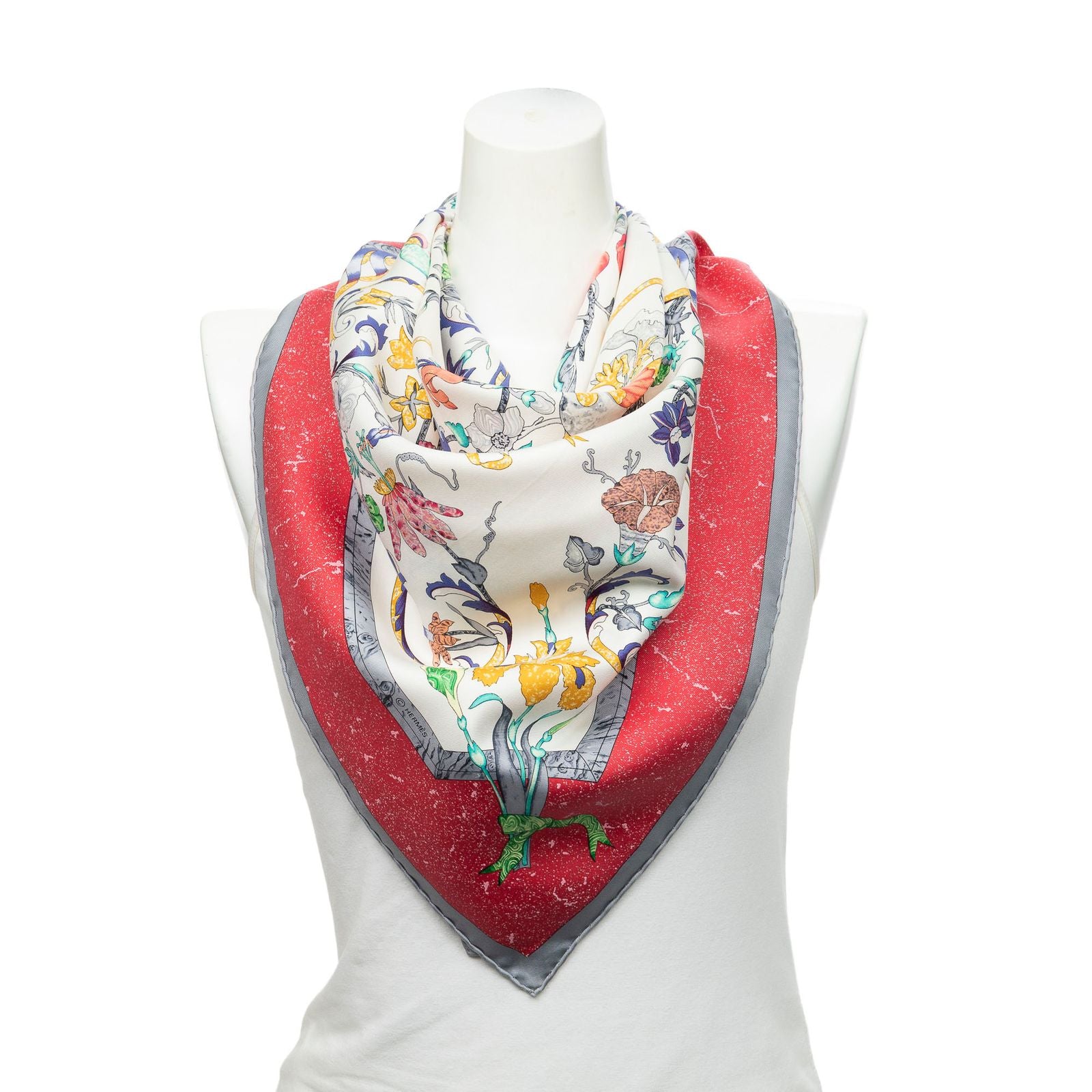 Hermes Scarf Ivory Red Gray 100% Twillsilk