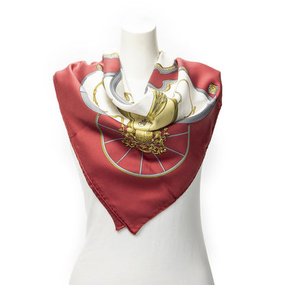 Hermes Scarf Red White Gray 100% Twillsilk