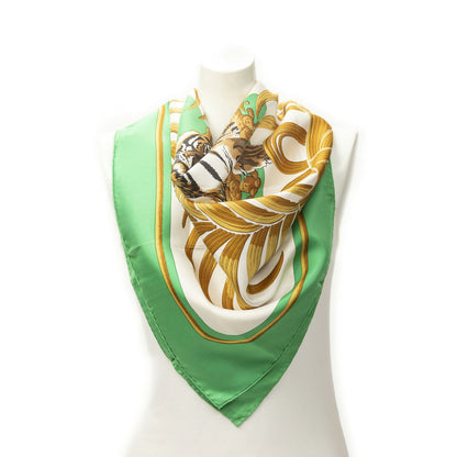 Hermes Scarf Green Gold White Silk