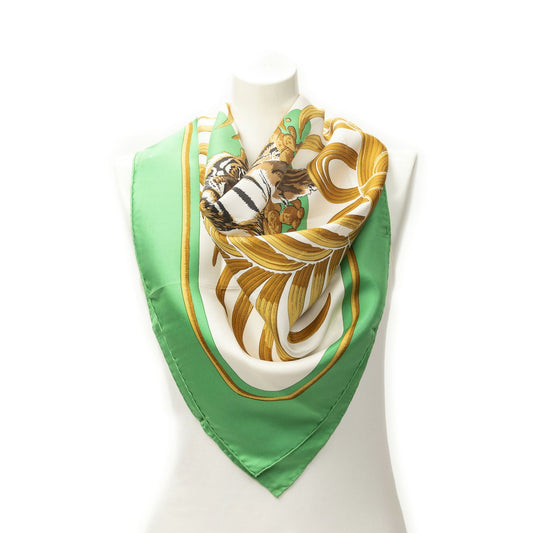 Hermes Scarf Green Gold White Silk