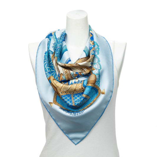 Hermes Scarf Light Blue Brown Beige 100% Twillsilk