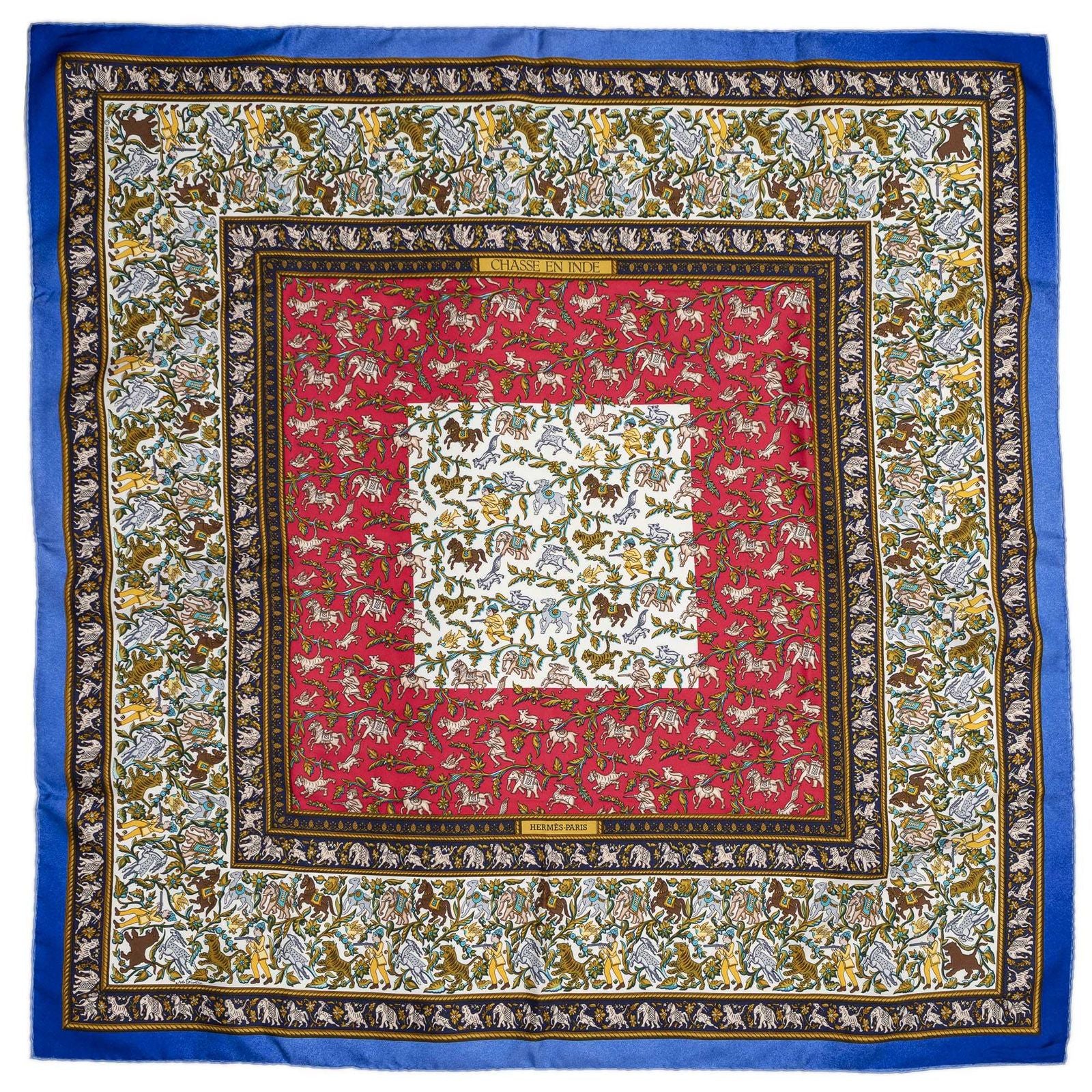 Hermes Scarf Blue Red 100% Gold Twill Silk — view 2