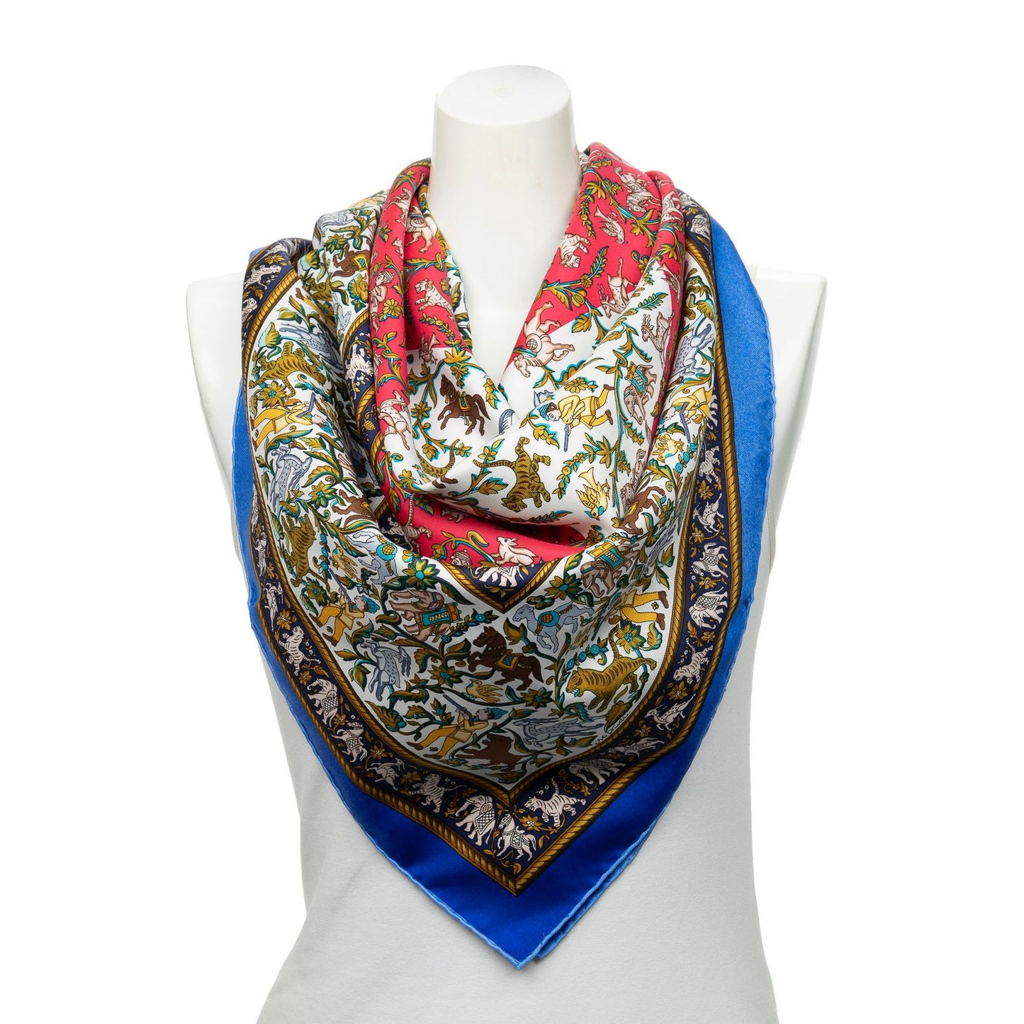 Hermes Scarf Blue Red 100% Gold Twill Silk