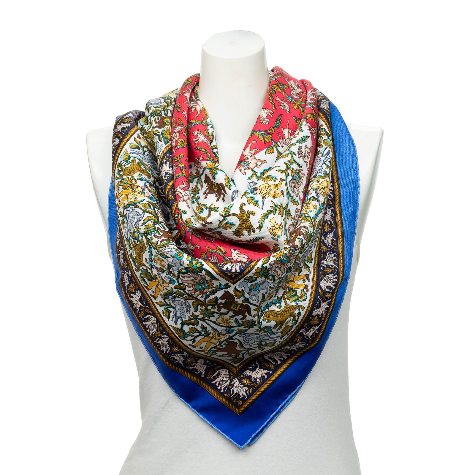 Hermes Scarf Blue Red 100% Gold Twill Silk