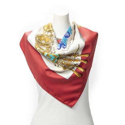 Hermes Scarf Red Blue 100% Gold Twill Silk
