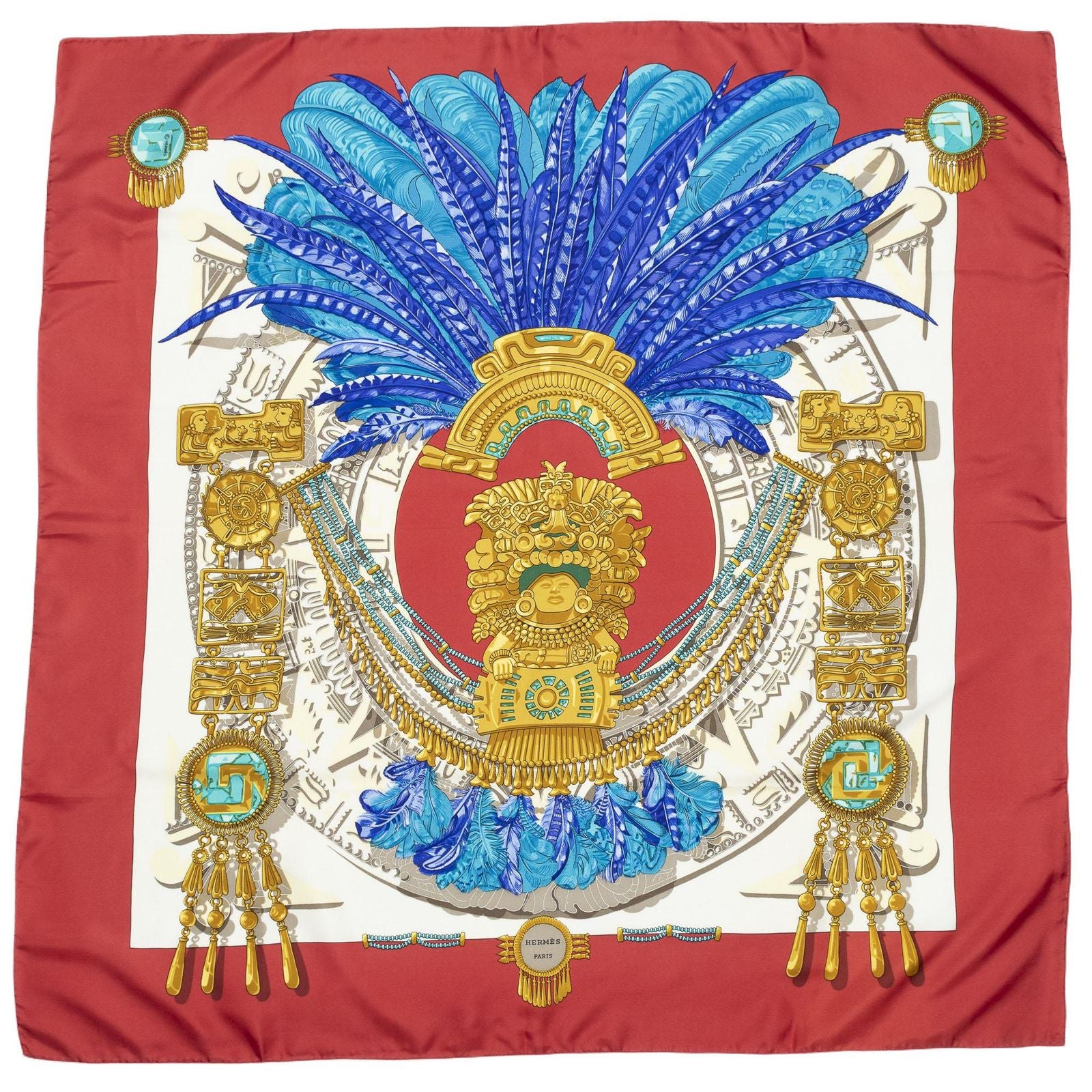 Hermes Scarf Red Blue 100% Gold Twill Silk — view 2