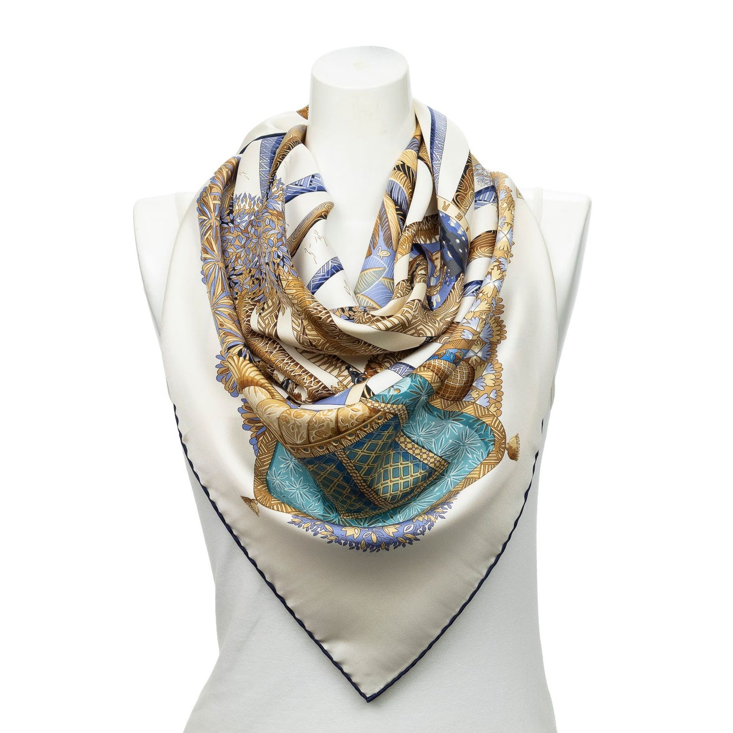 Hermes Scarf Ivory Blue Brown 100% Twillsilk