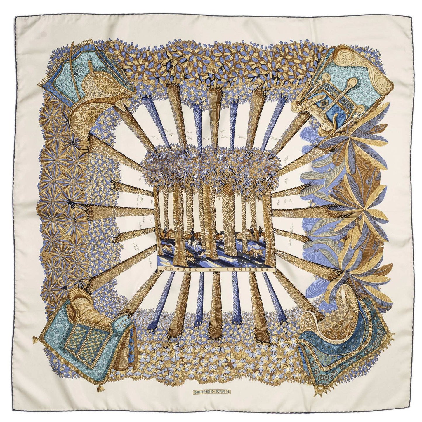 Hermes Scarf Ivory Blue Brown 100% Twillsilk — view 2