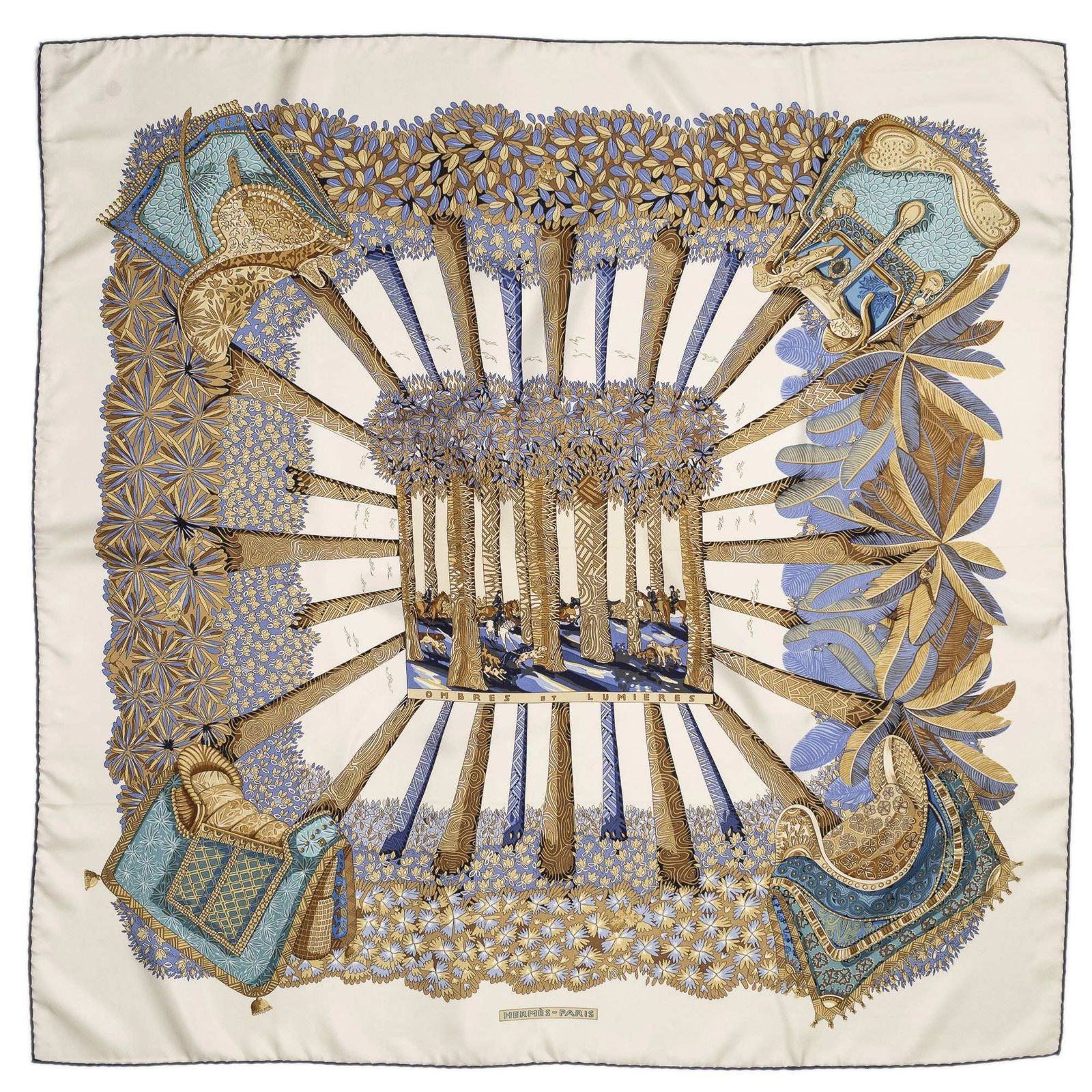 Hermes Scarf Ivory Blue Brown 100% Twillsilk — view 2