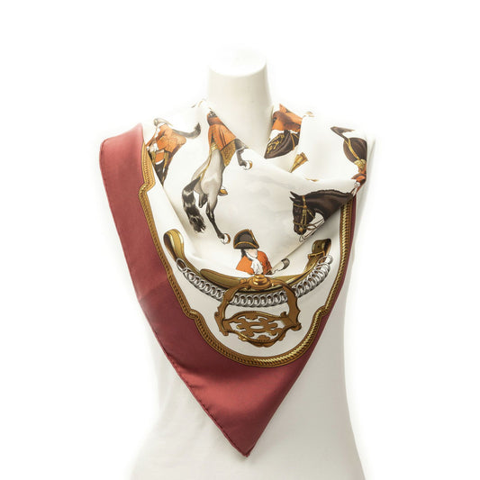 Hermes Scarf White Brown 100% Twillsilk