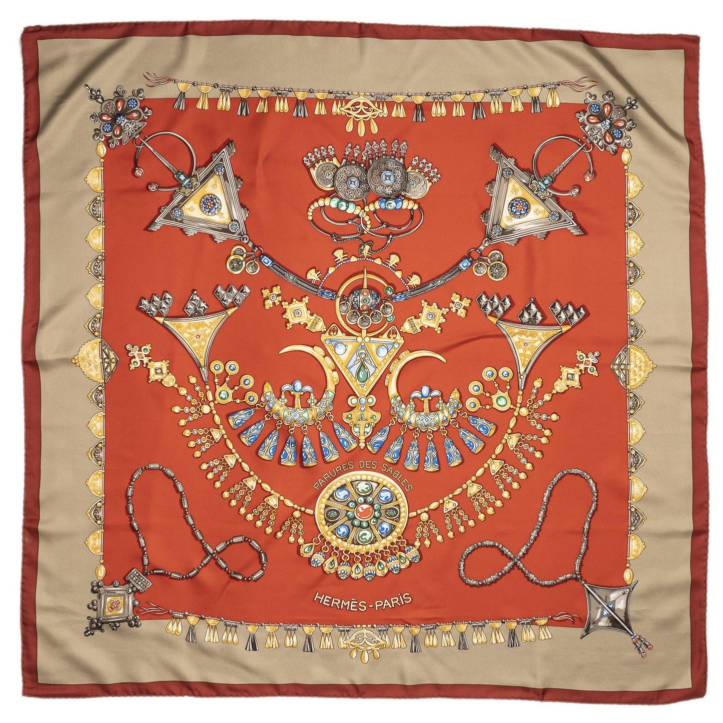 Hermes Scarf Red Beige Gray 100% Twillsilk — view 2