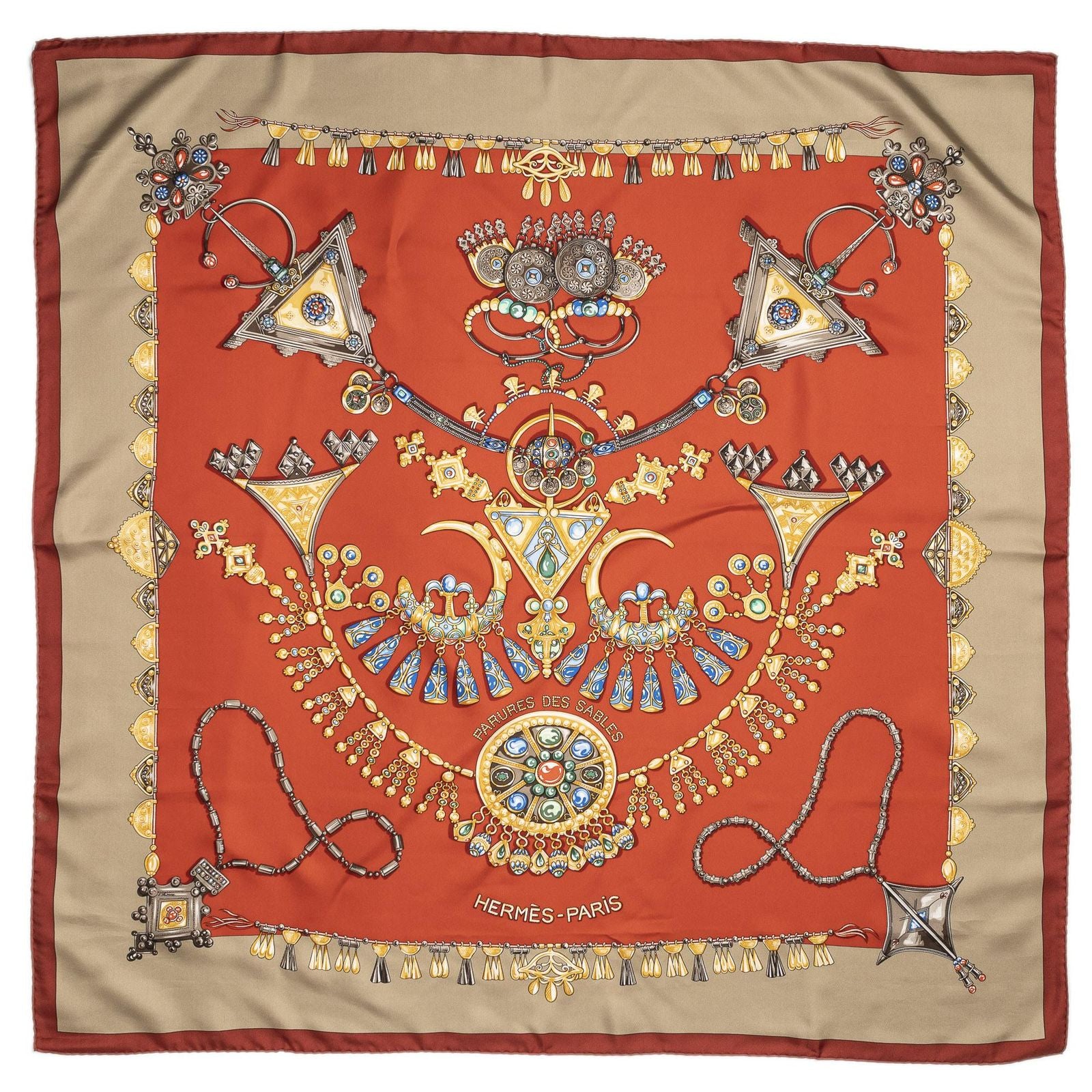 Hermes Scarf Red Beige Gray 100% Twillsilk — view 2