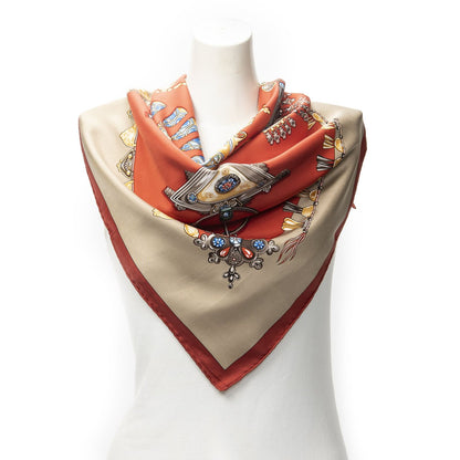 Hermes Scarf Red Beige Gray 100% Twillsilk
