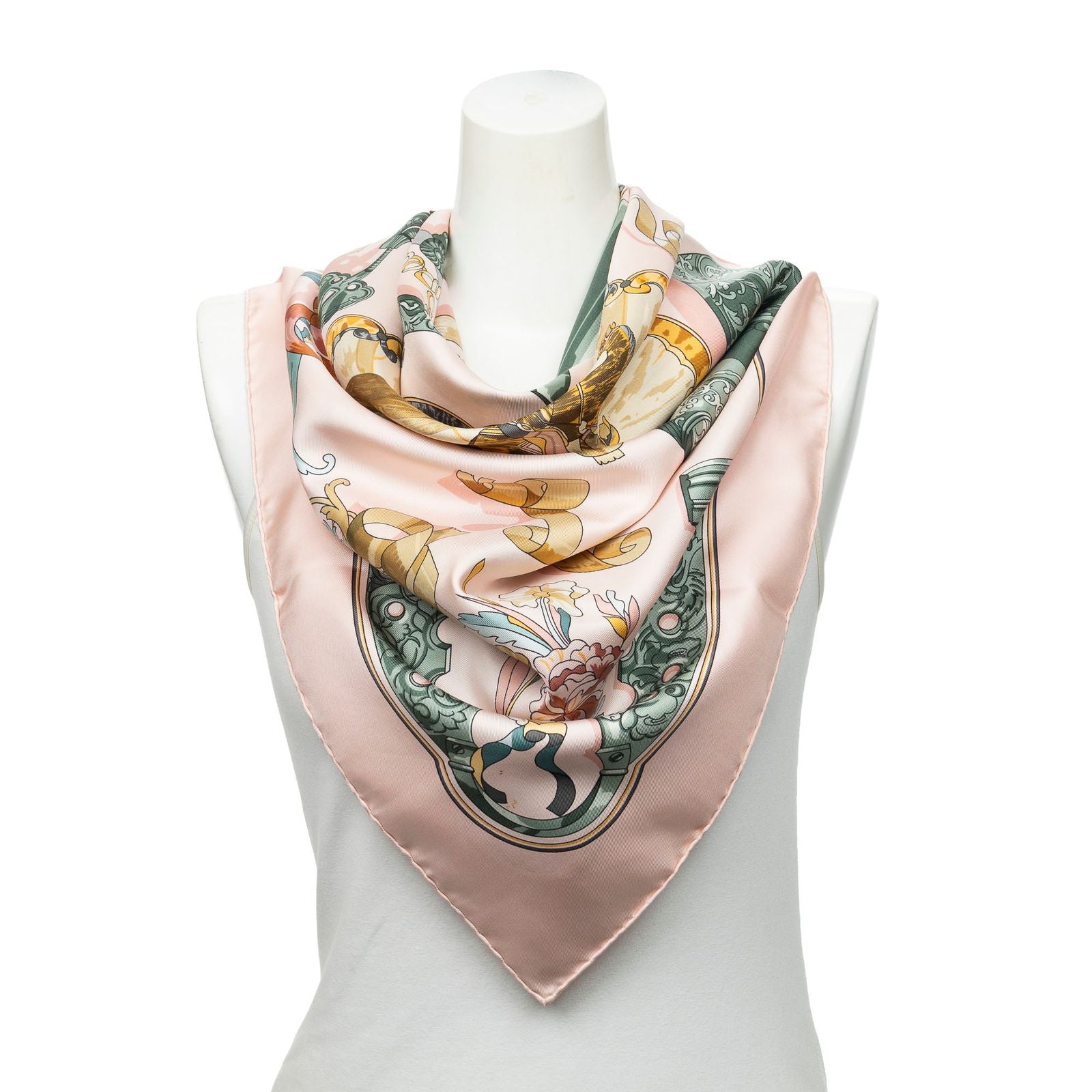 Hermes Scarf Lightpink Green Yellow 100% Twillsilk