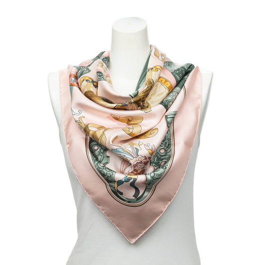 Hermes Scarf Lightpink Green Yellow 100% Twillsilk