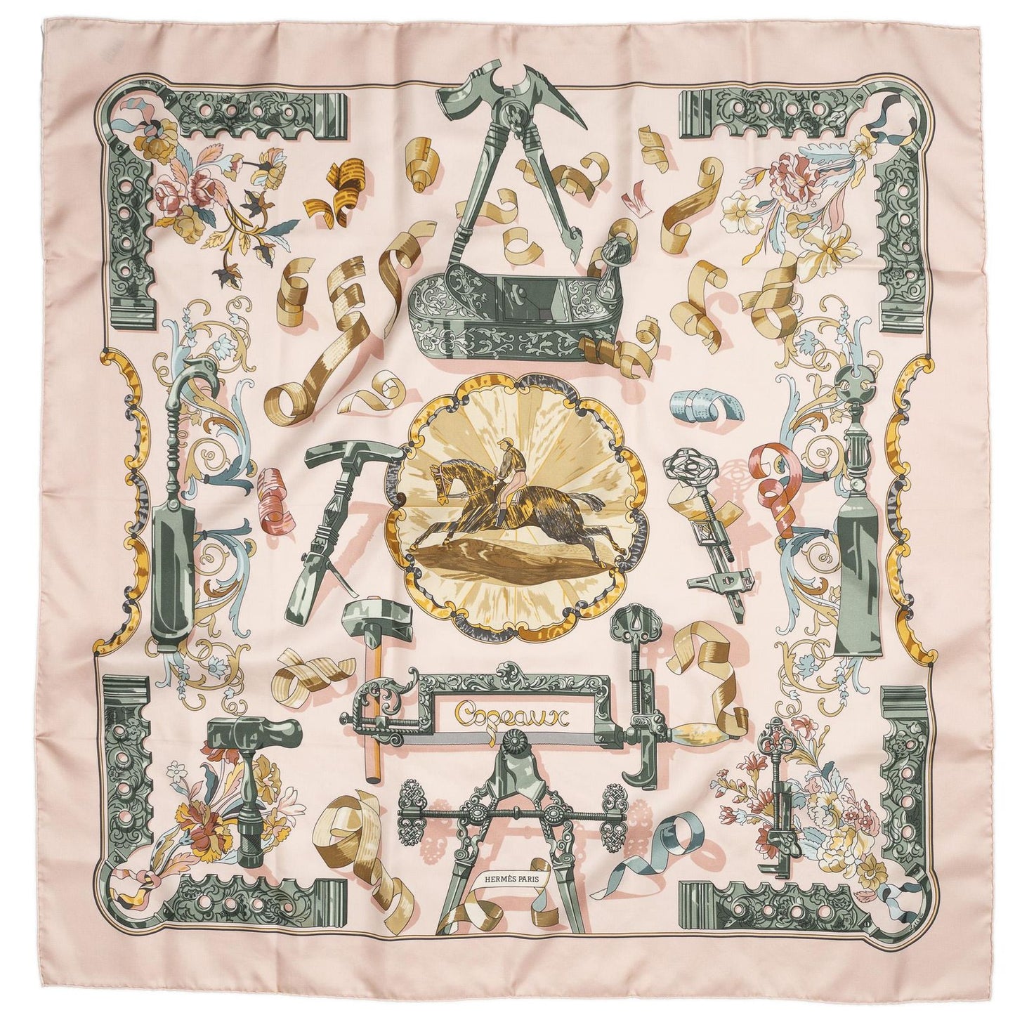 Hermes Scarf Lightpink Green Yellow 100% Twillsilk — view 2