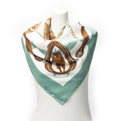 Hermes Scarf Lightgreen Brown White 100% Twillsilk