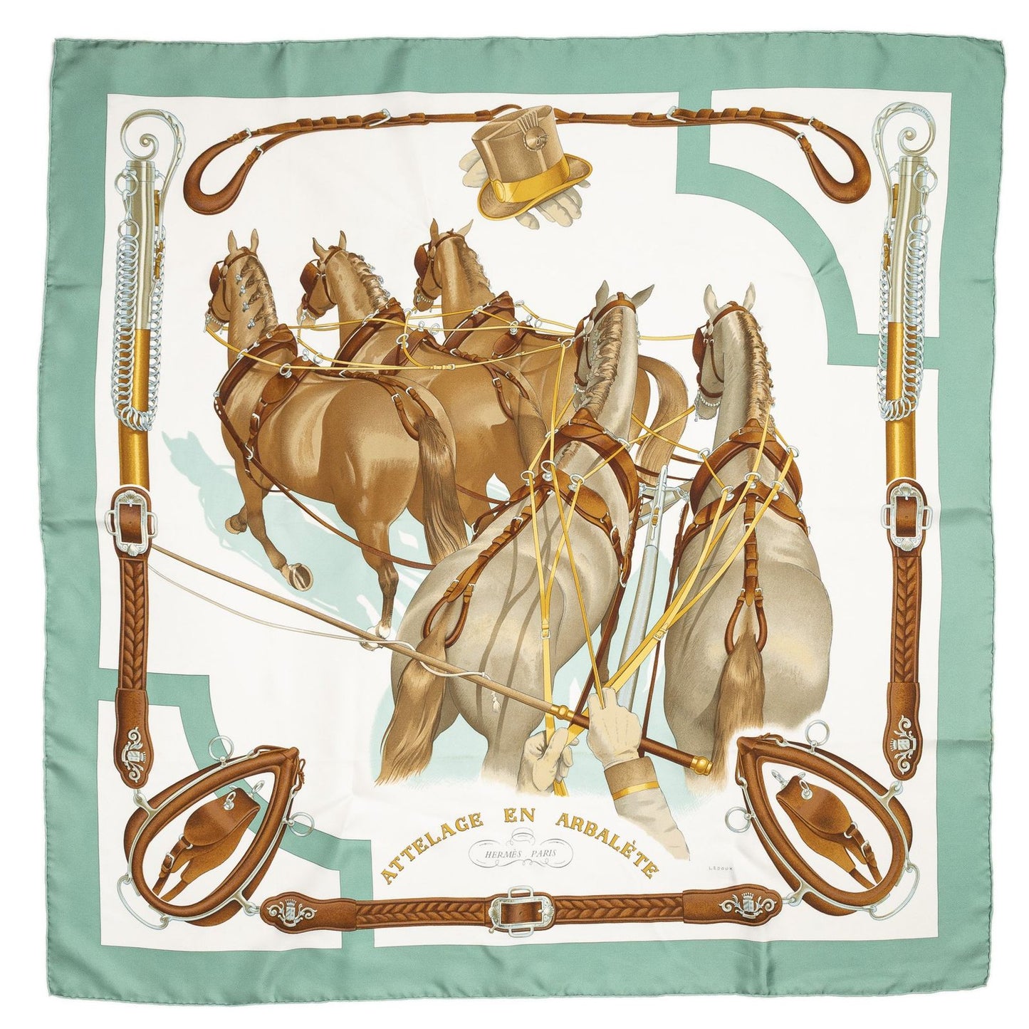 Hermes Scarf Lightgreen Brown White 100% Twillsilk — view 2