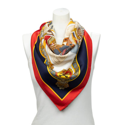 Hermes Scarf Red Navy Beige 100% Twillsilk