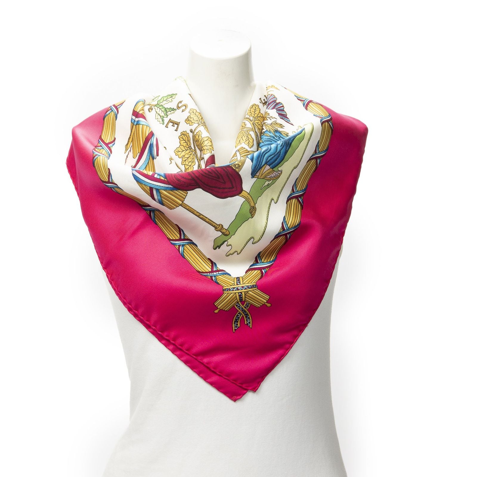Hermes Scarf Fuchsia Pink White 100% Twillsilk