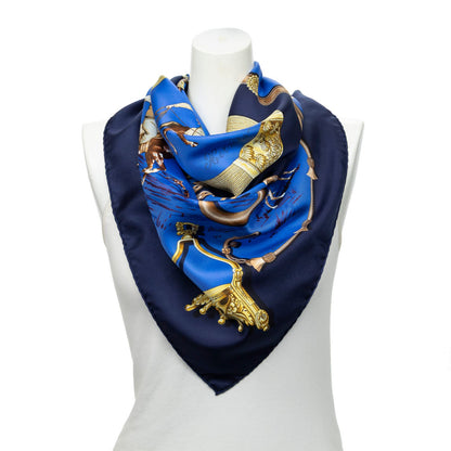 Hermes Scarf Navy Blue Brown 100% Twillsilk
