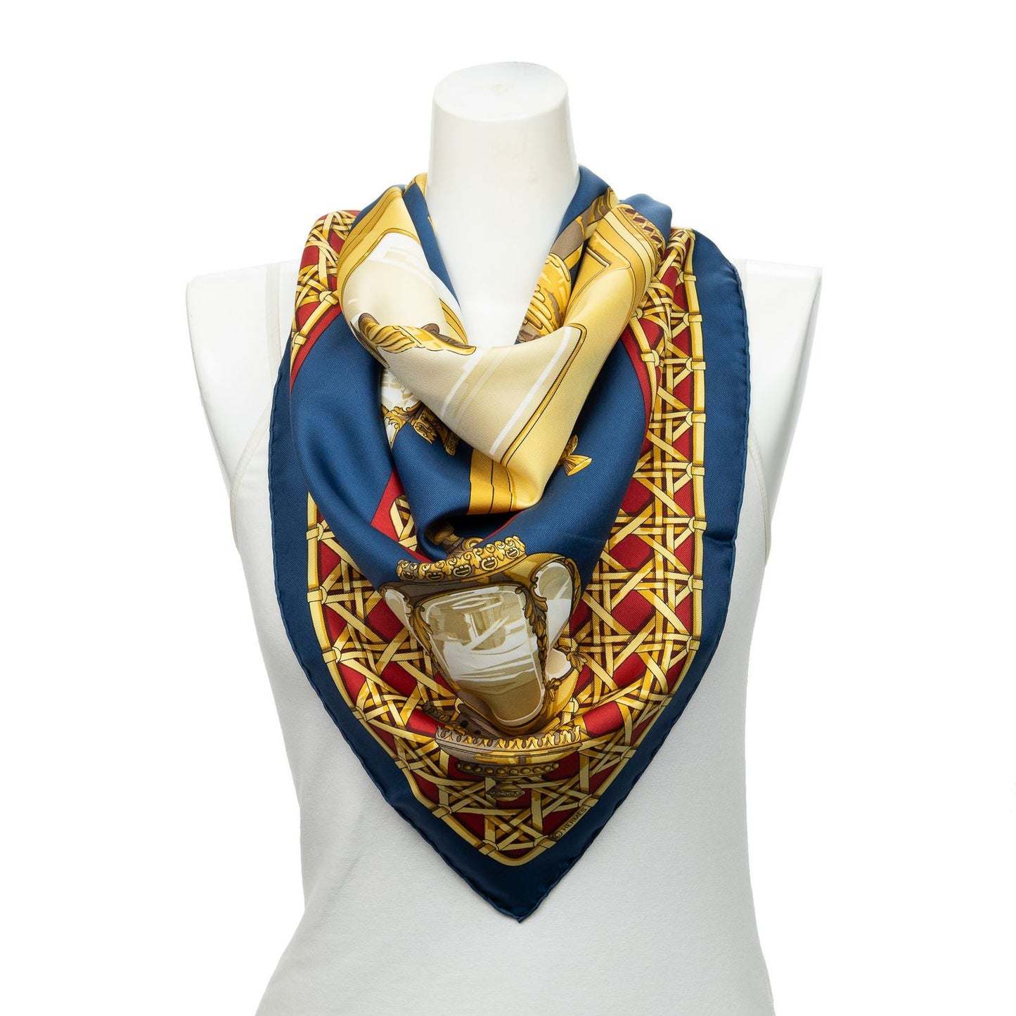 Hermes Scarf Navy Red 100% Gold Twill Silk