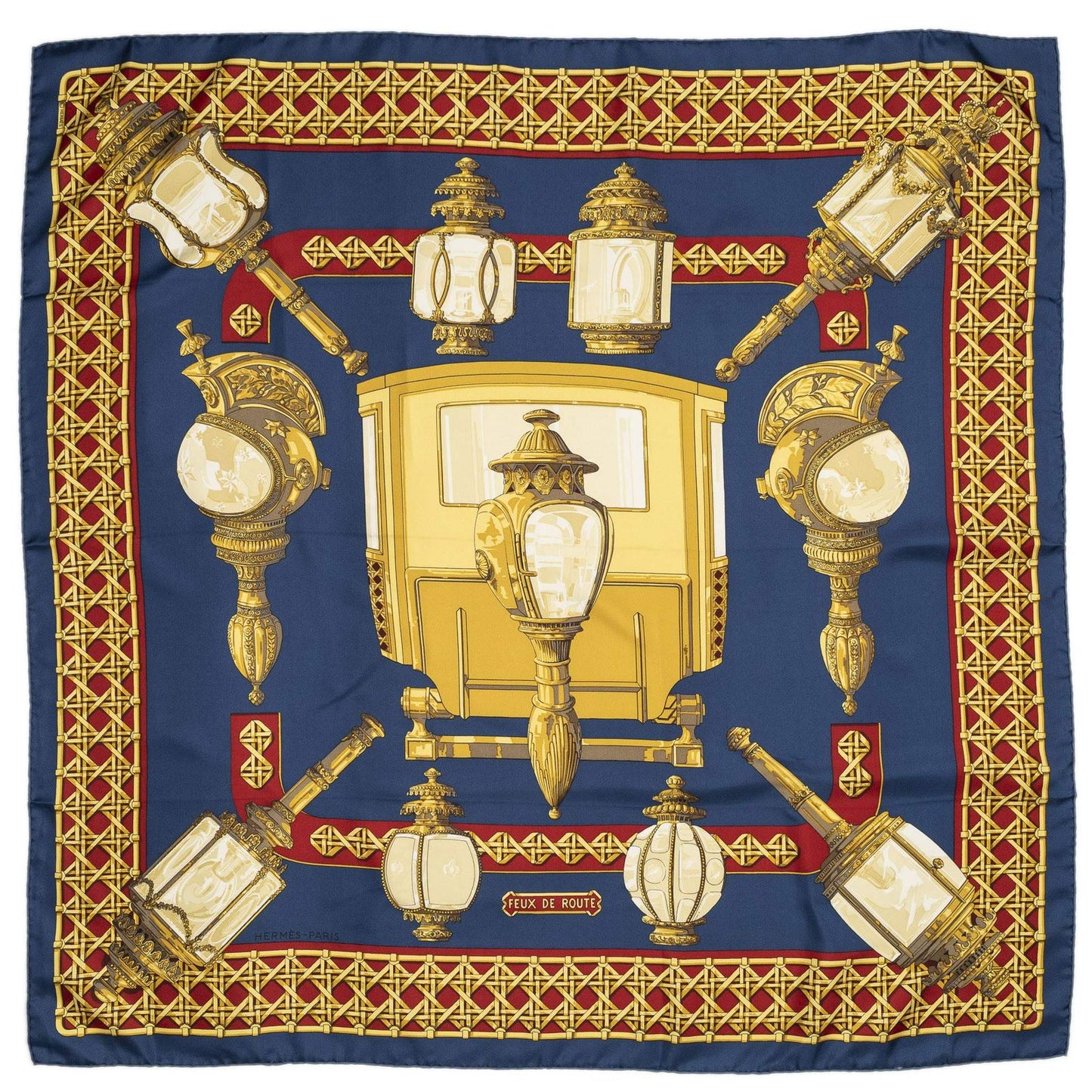 Hermes Scarf Navy Red 100% Gold Twill Silk — view 2