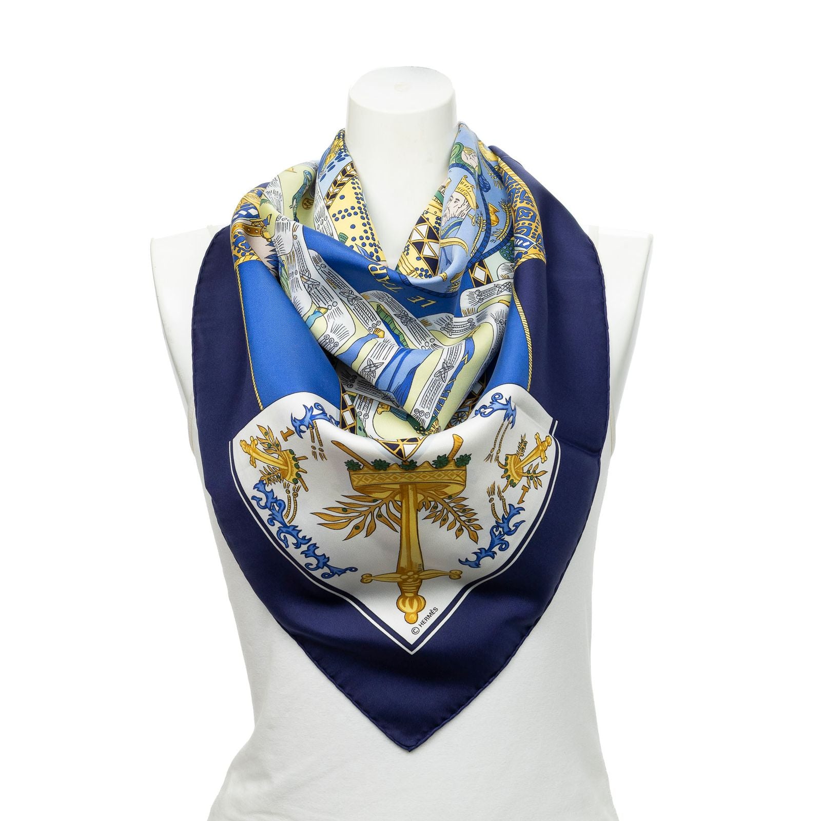 Hermes Scarf Navy Yellow Green 100% Twillsilk