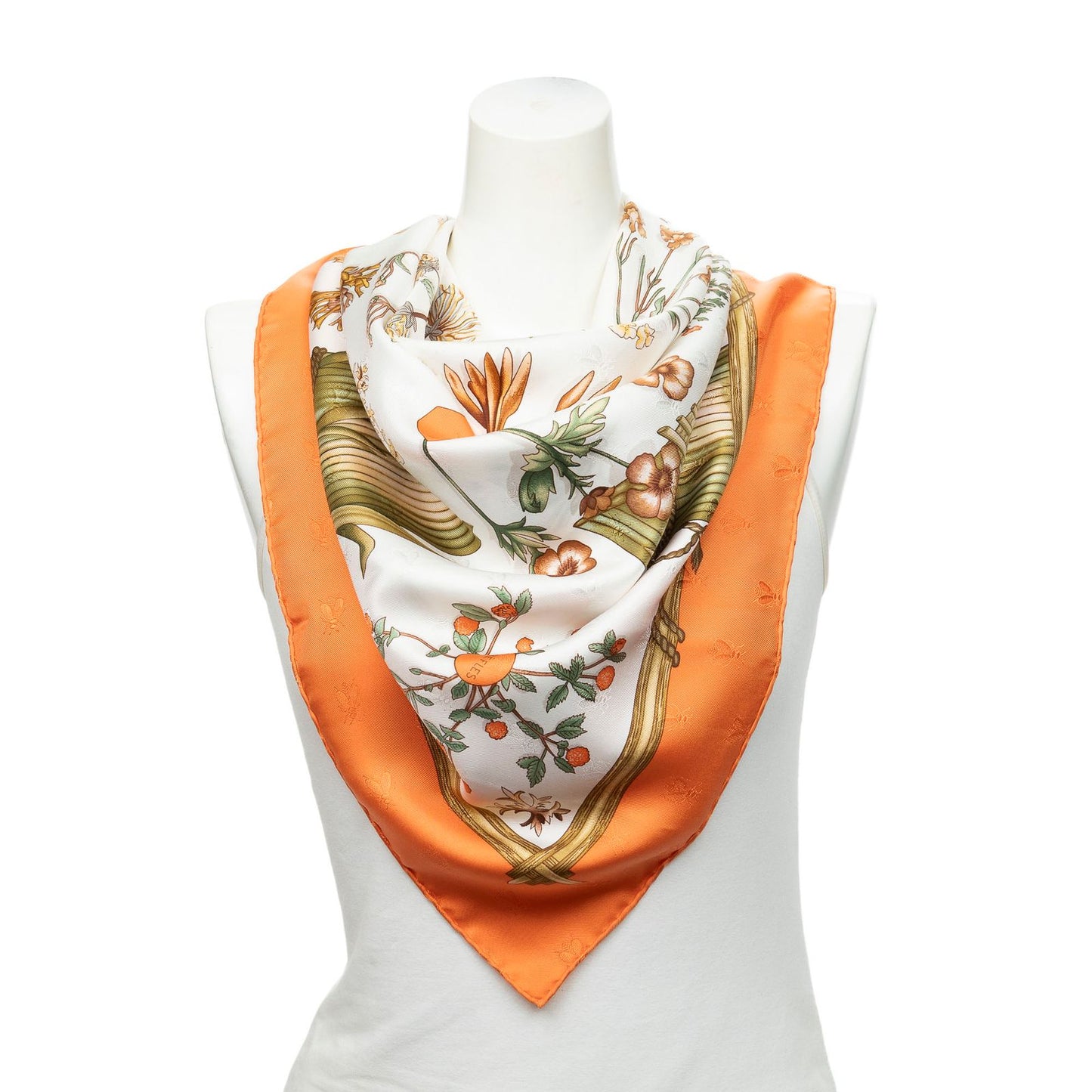 Hermes Scarf Orange Ivory Green 100% Jacquardsilk