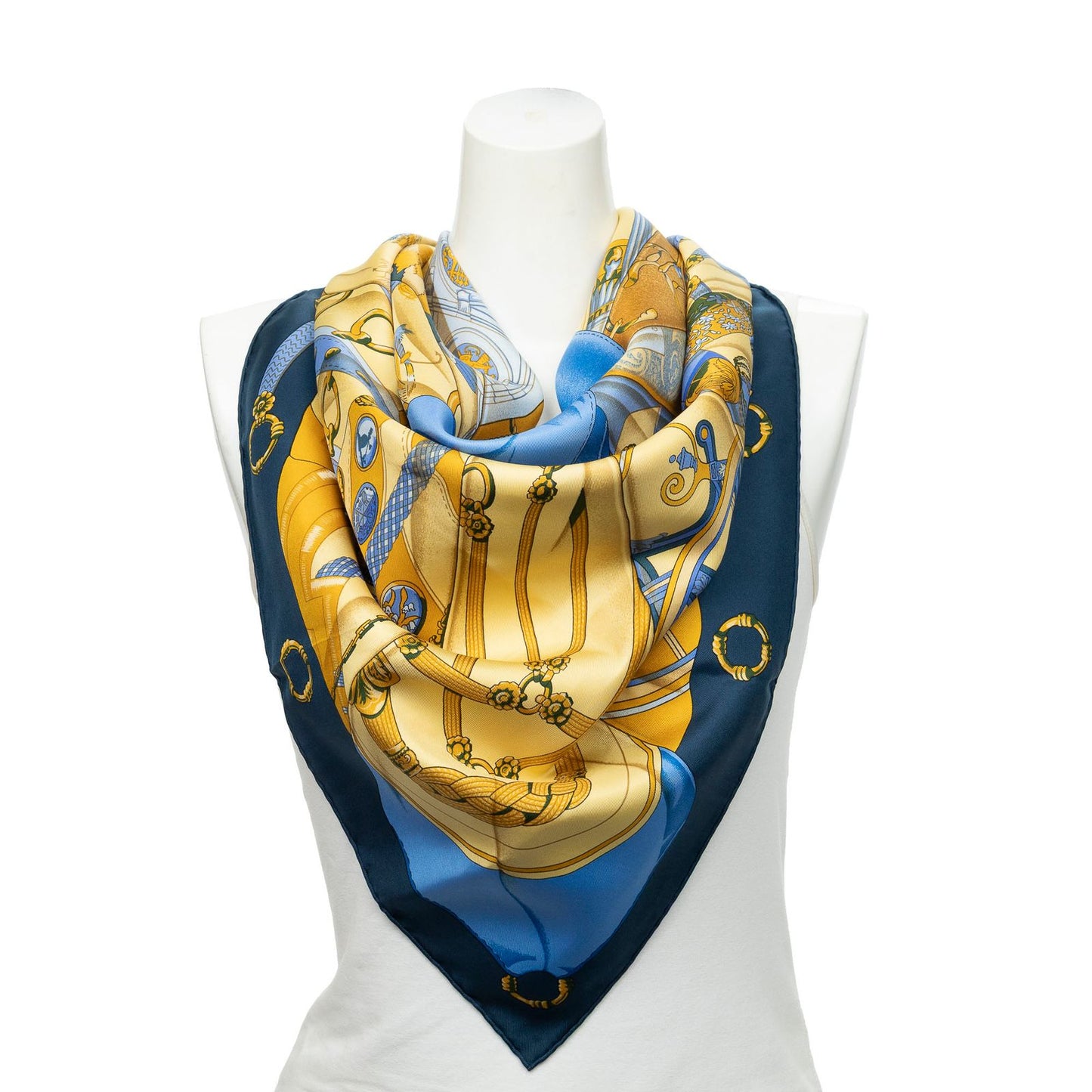 Hermes Scarf Navy Yellow 100% Twillsilk