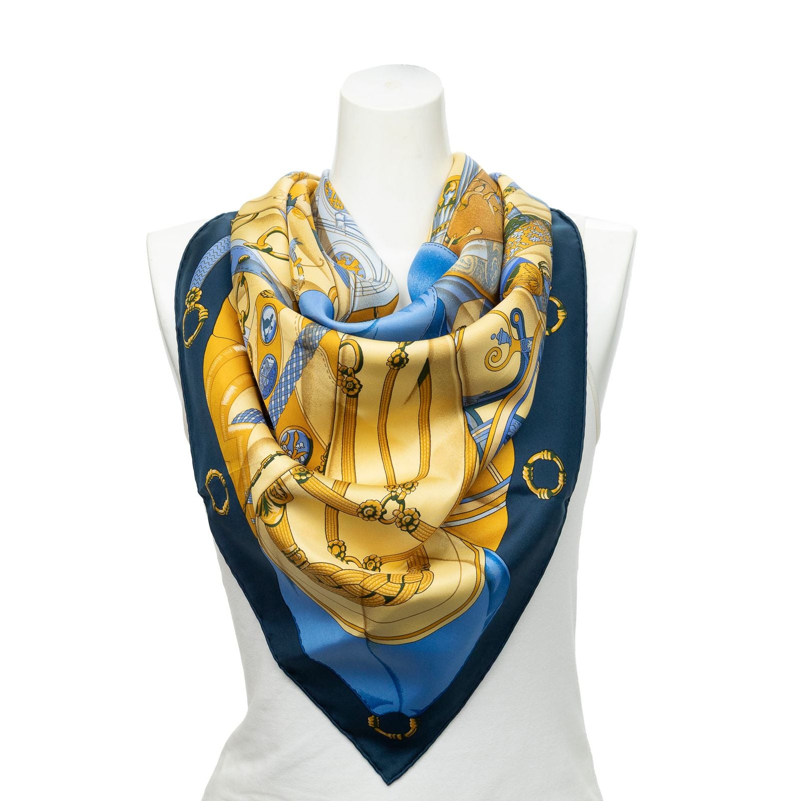 Hermes Scarf Navy Yellow 100% Twillsilk
