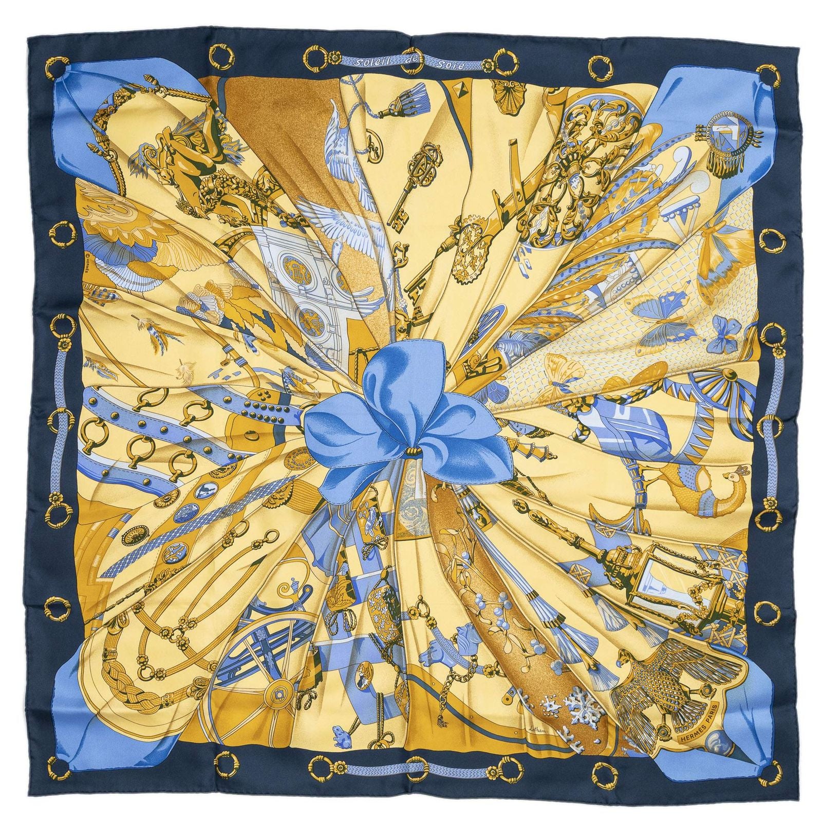Hermes Scarf Navy Yellow 100% Twillsilk — view 2