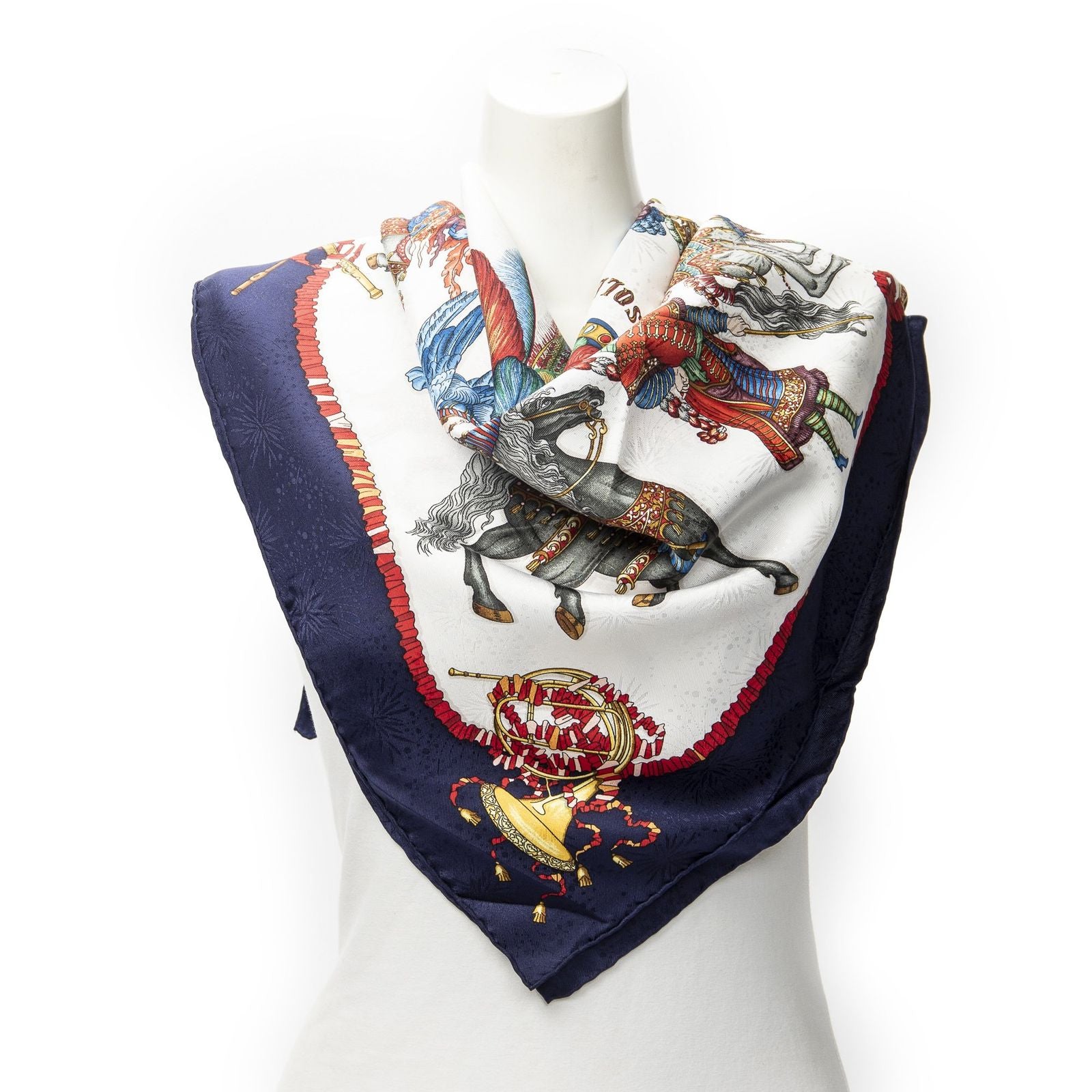 Hermes Scarf Navy Red White 100% Jacquardsilk