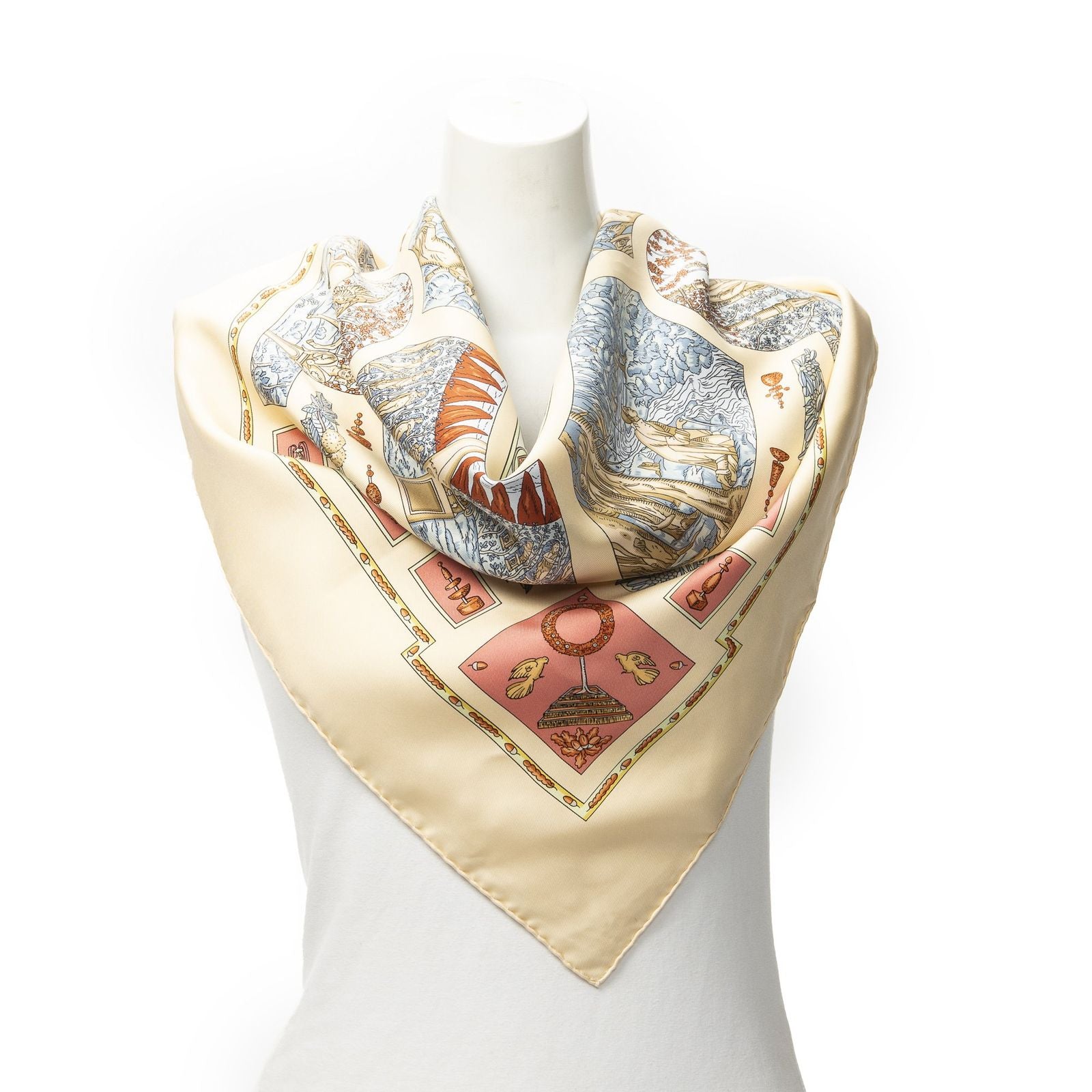 Hermes Scarf Lightbeige Blue Brown 100% Twillsilk